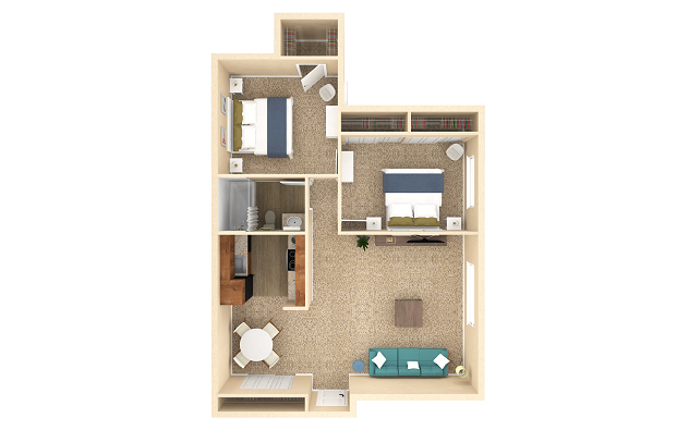 Floor plan for 2 beds, 1 bath, 940 sqft